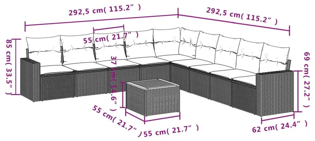 Set Divano da Giardino 10 pz con Cuscini Grigio in Polyrattan