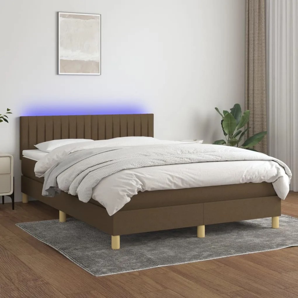 Letto a molle materasso e led marrone scuro 140x200 cm tessuto