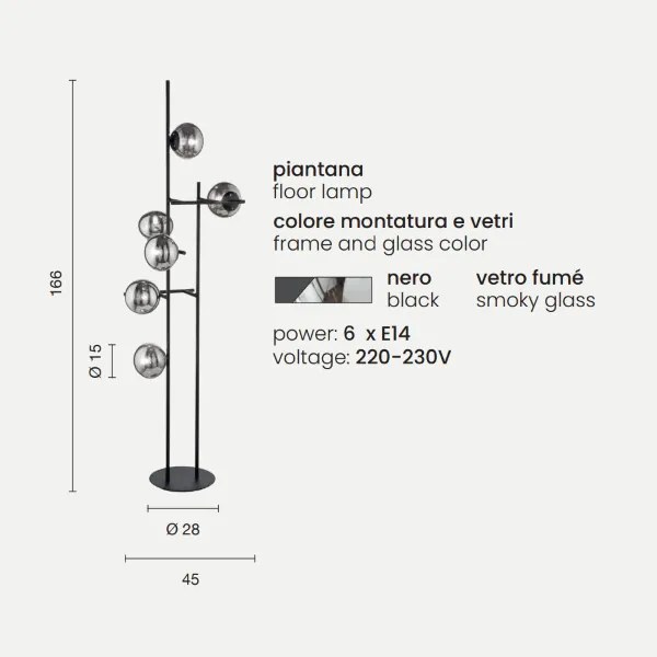 Piantana JEWEL in metallo Nero e diffusore in vetro Fumč H166 cm