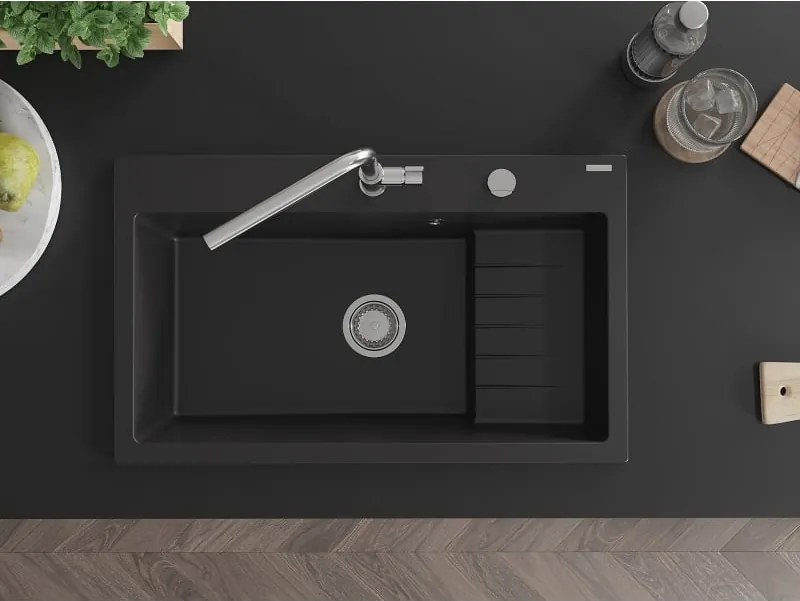 Mexen Omar lavello da cucina in granito 1 vasca 800 x 480 mm, nero, sifone cromato - 6520801005-77