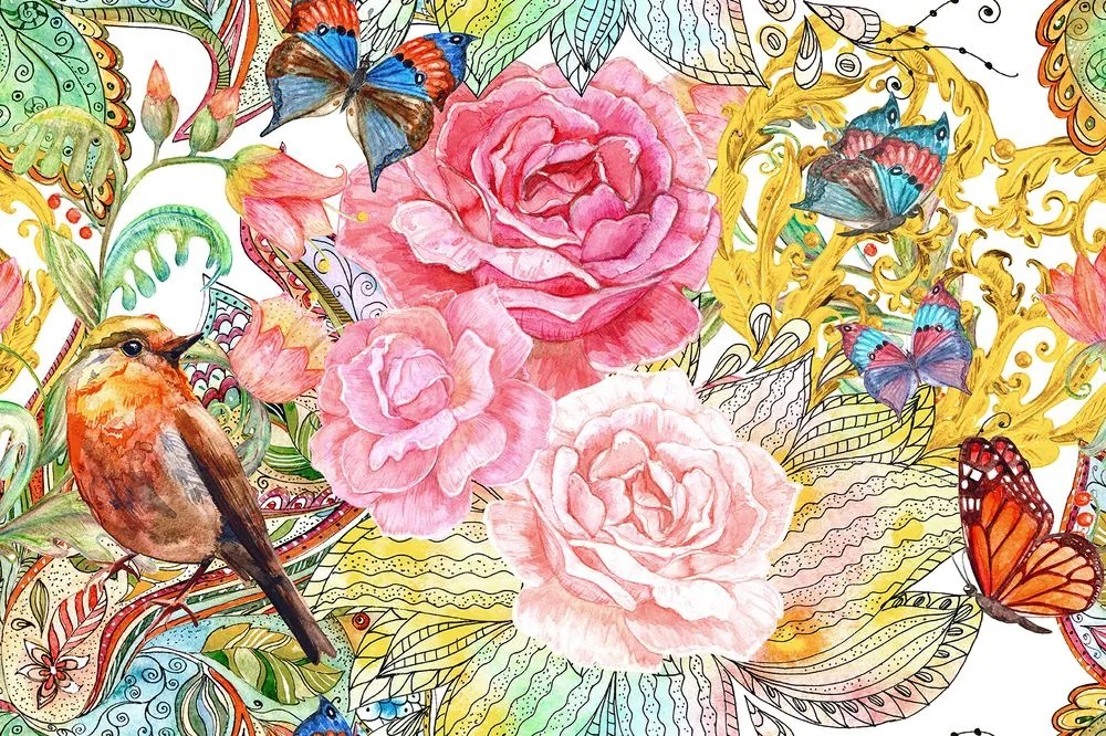 Carta da parati – Uccellino vintage con fiori
