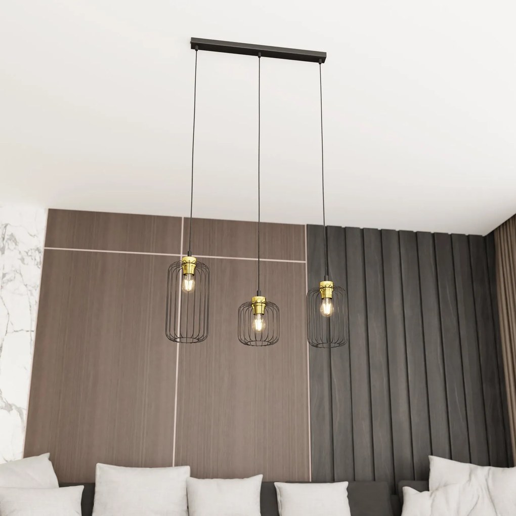 Sospensione Minimal Industrial Vander 3 Luci Lineari Nera E Oro