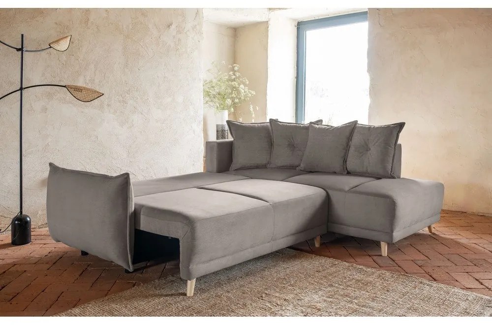 Divano letto in velluto a coste marrone chiaro (angolo destro) Lazy Lukka - Miuform