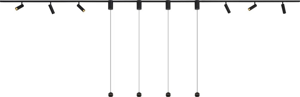 Sistema di illuminazione a binario moderno nero con 6 faretti e 4 lampade a sospensione Easylift monofase - Slimline Uzzy Tira