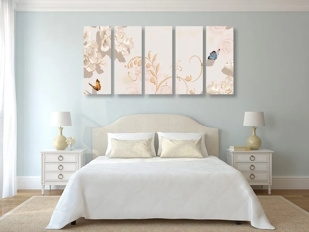 Quadri 5 pezzi – Natura morta vintage con farfalla