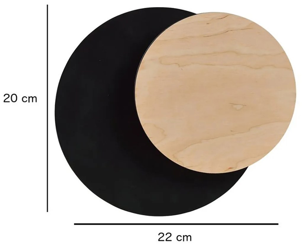 Applique 1 Luce A Disco Con Base In Acciaio Nero E Legno Naturale