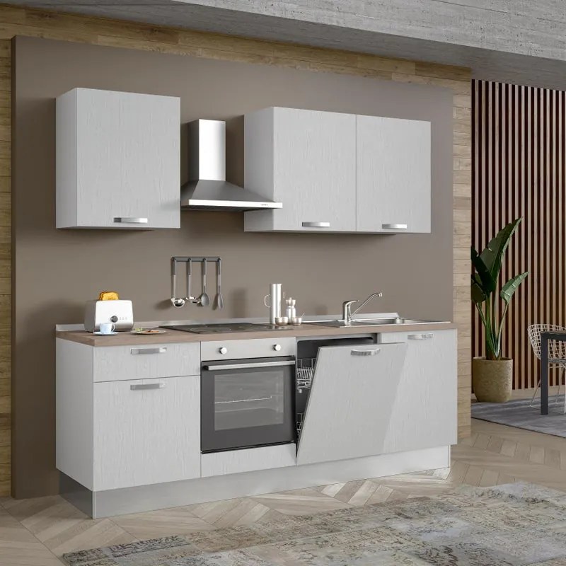 Cucina montata Dora bianca spatolata, lavello a destra, L 240 cm, completa di: cappa a camino, piano cottura a induzione, forno e lavastoviglie