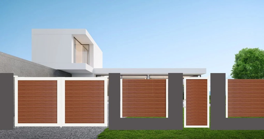 Cancello automatico battente Maia120 ALBA Close in alluminio rovere dorato telaio bianco, apertura centrale, L 300 x H 190 cm