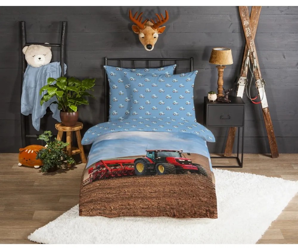 Biancheria da letto per bambini blu in flanella per letto singolo 140x200 cm Tractor – Good Morning