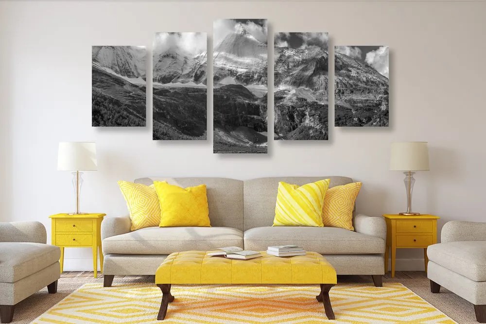 Quadri 5 pezzi – Maestoso paesaggio montano in bianco e nero