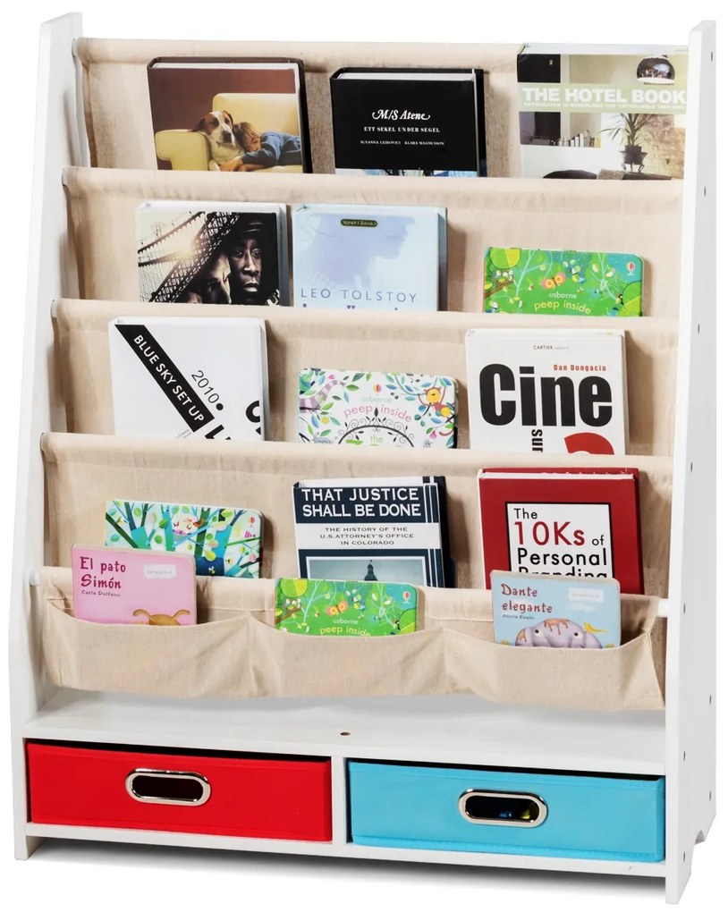 Costway Libreria con 4 mensole frontali e 2 scatole, Libreria design 2 in 1 per bambini Bianco
