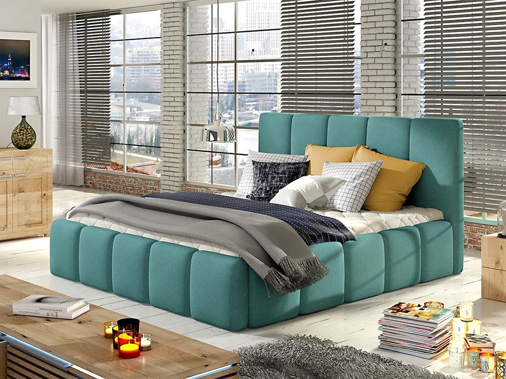 Letto matrimoniale con box contenitore Bali - 160 x 200 cm , Tessuto pregiato azzurro