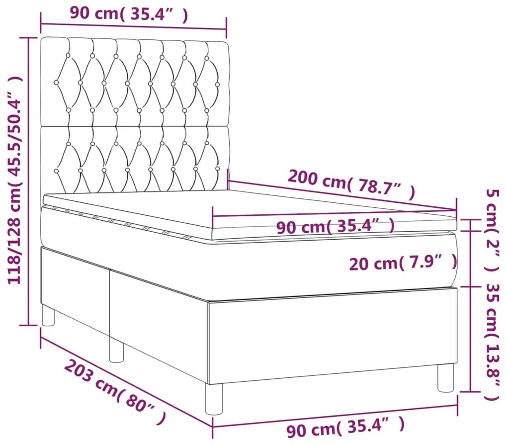 Letto a Molle con Materasso e LED Crema 90x200 cm in Tessuto