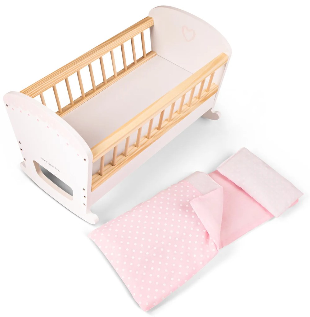 Culla per bambole in legno con materasso, coperta e cuscino