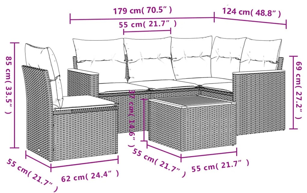 Set divano da giardino 6 pz con cuscini grigio in polyrattan