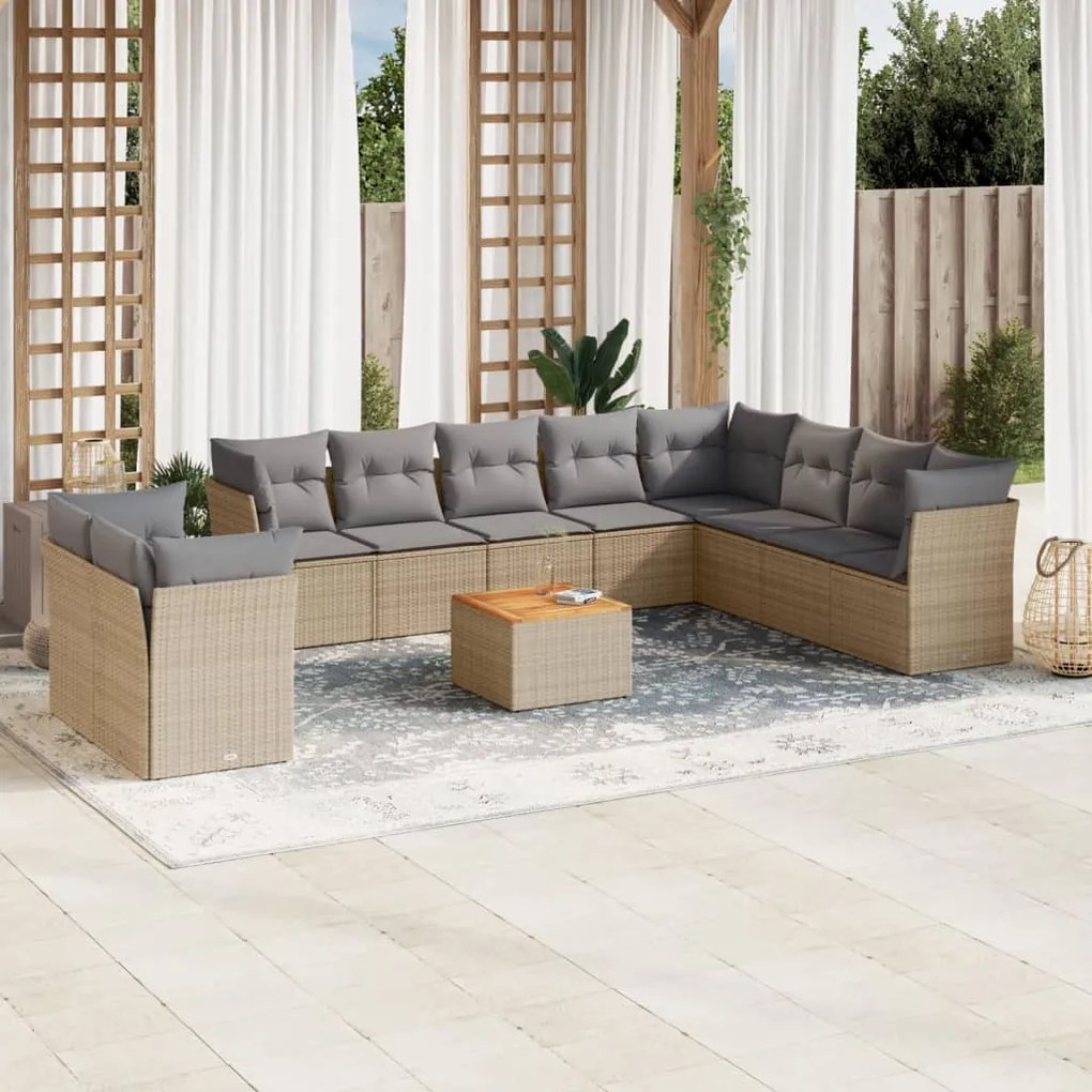 Set divani da giardino 11 pz con cuscini beige in polyrattan