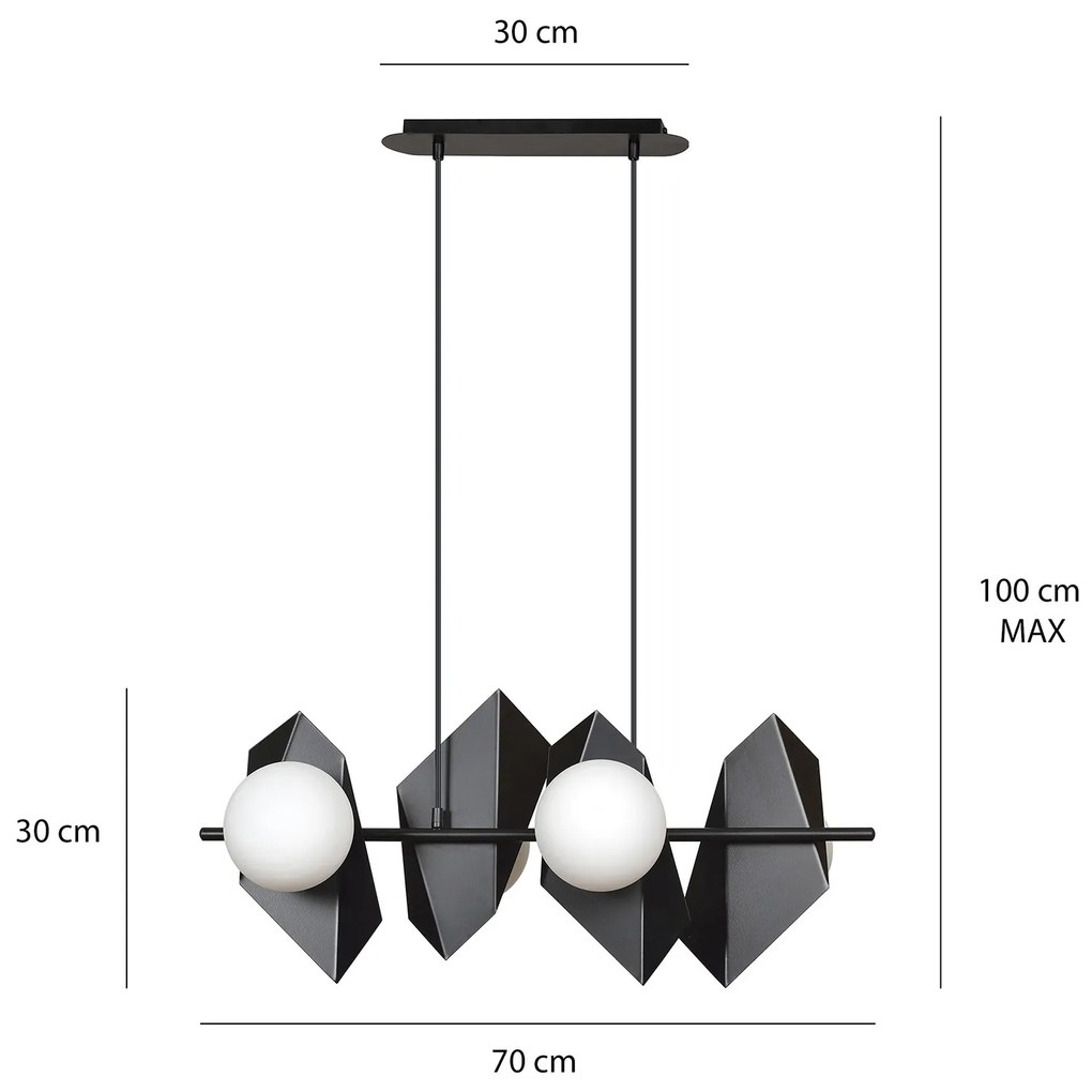 Lampadario 4 Luci Moderno Parvati In Acciaio Nero E Sfere Vetro Opalino