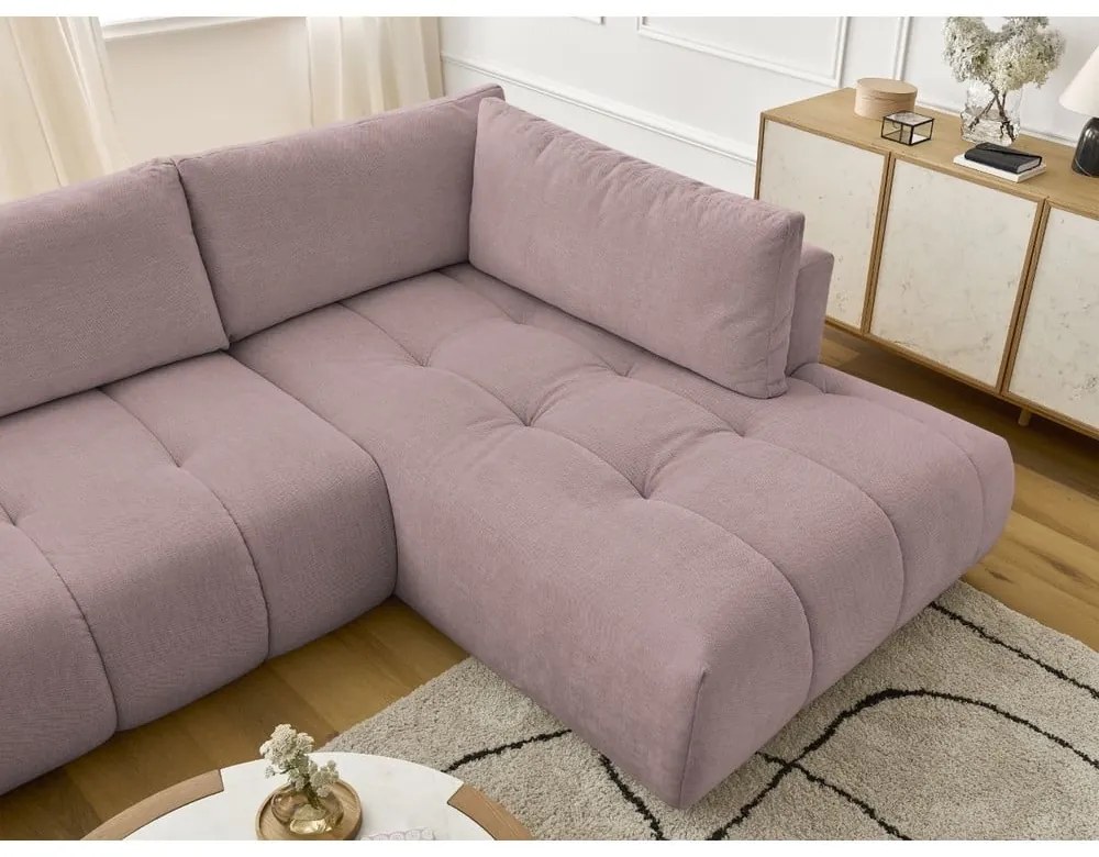 Divano angolare rosa allungabile e con contenitore (penisola a destra/a U) con rivestimento in ciniglia Fuji – Bobochic Paris