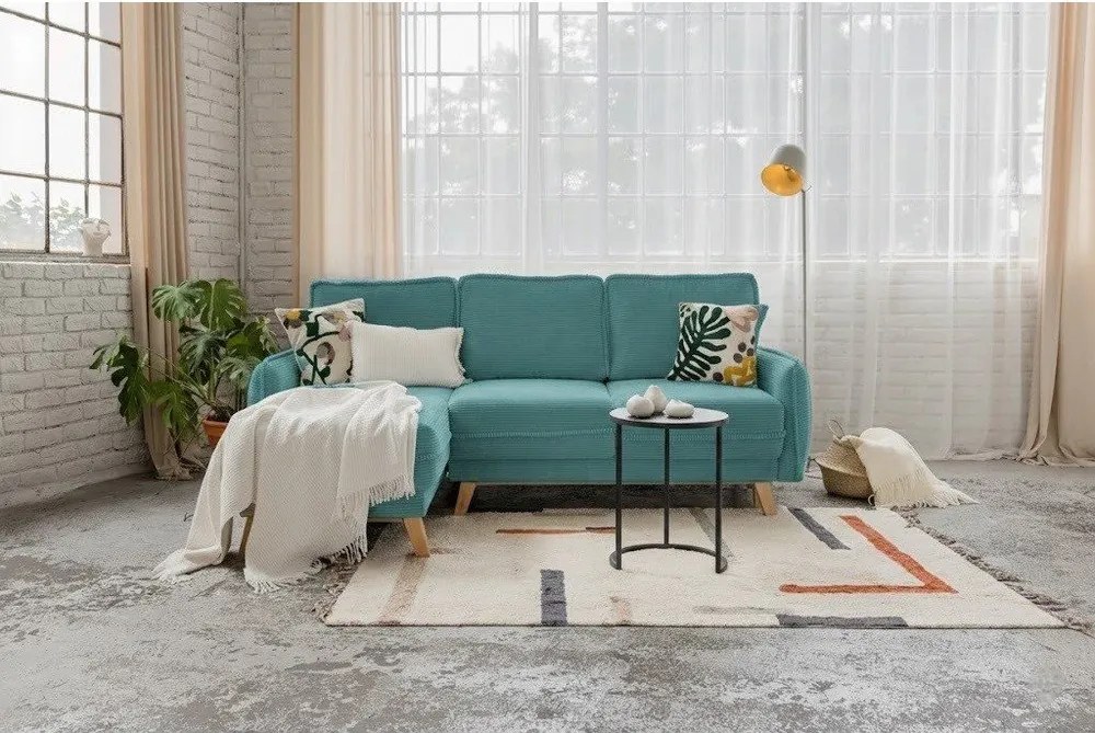 Divano letto ad angolo in velluto a coste turchese variabile Tori - Bonami Selection