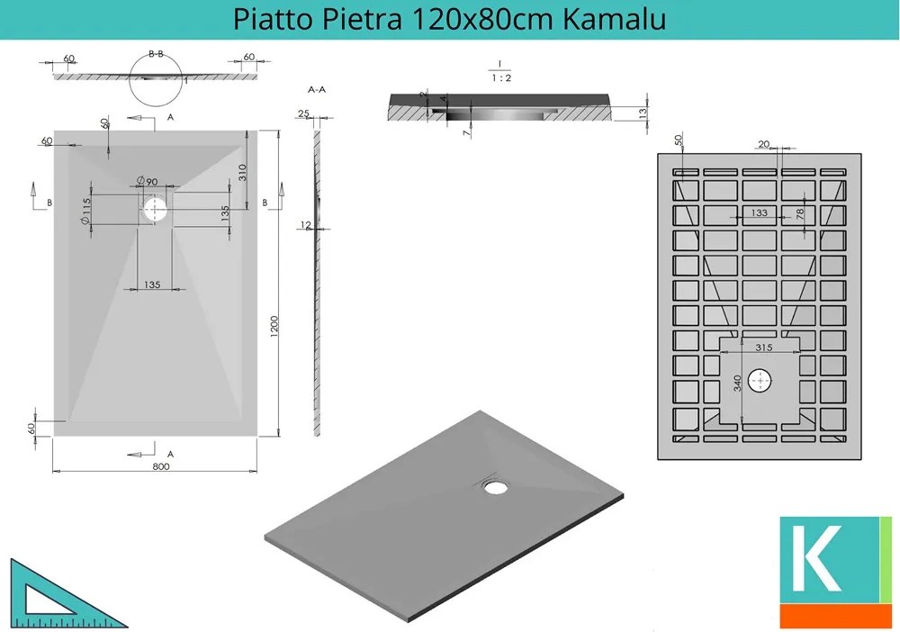 Piatto doccia 120x80 cm in pietra colore antracite scuro - KAMALU