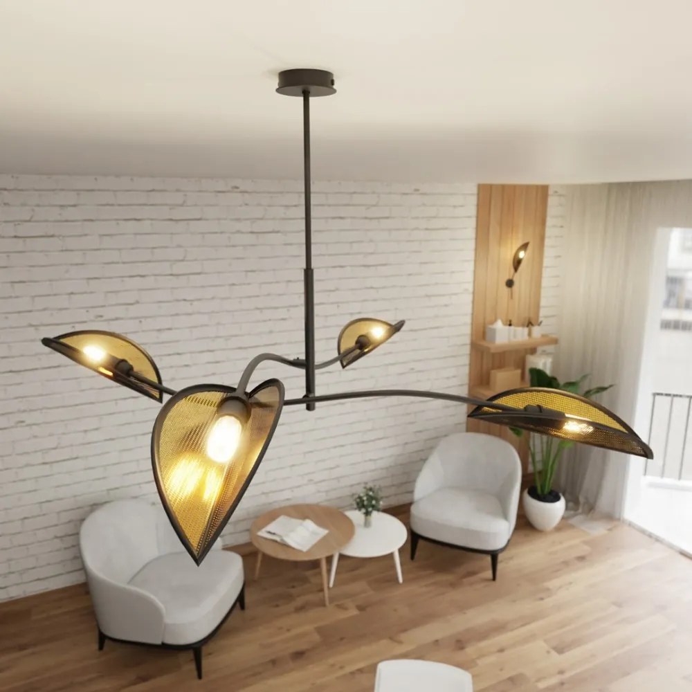 Lampadario a Sospensione in Acciaio e Tessuto LOTUS 4 Nero 4xE14 Colore del corpo Nero e Oro