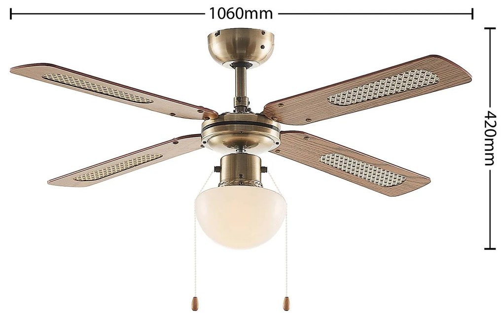 Ventilatore da soffitto Lindby con luce Rakan, silenzioso, Ø 106 cm Rakan, Ottone / Oro, Soggiorno / Sala da pranzo, Metallo, Campagna / Rustiche