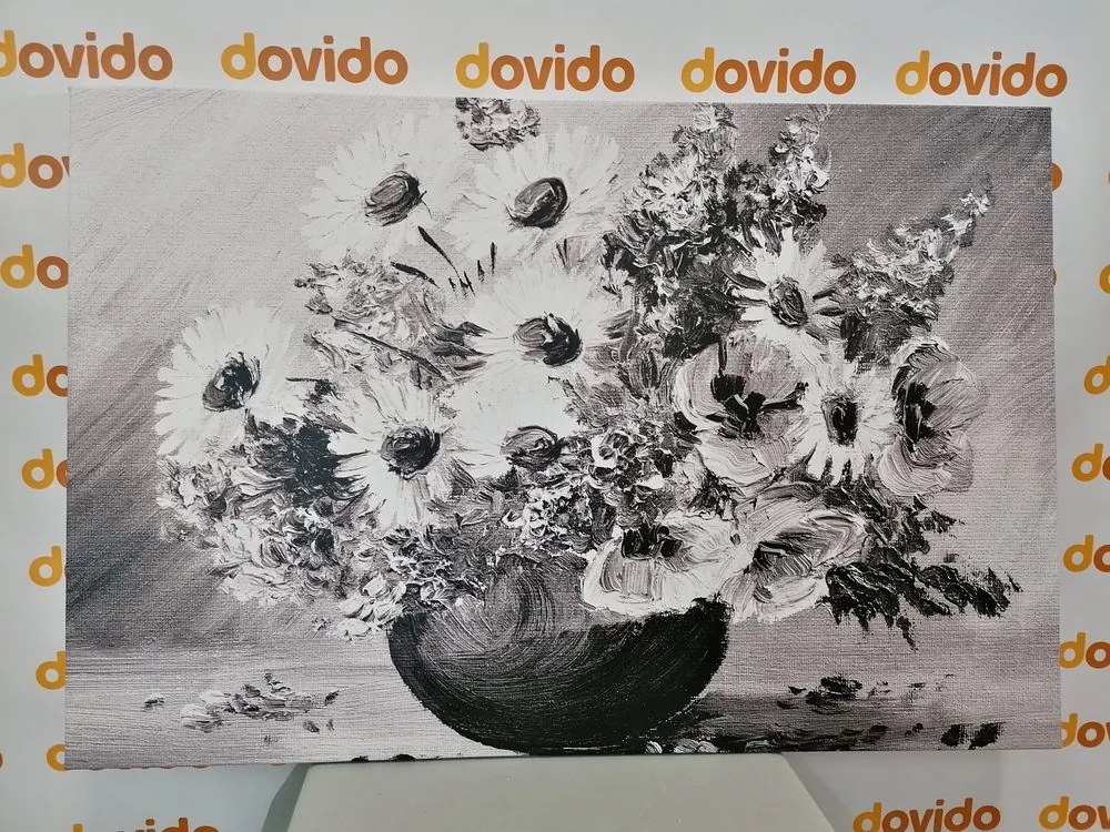 Stampa su tela – Dipinto a olio di fiori estivi in bianco e nero