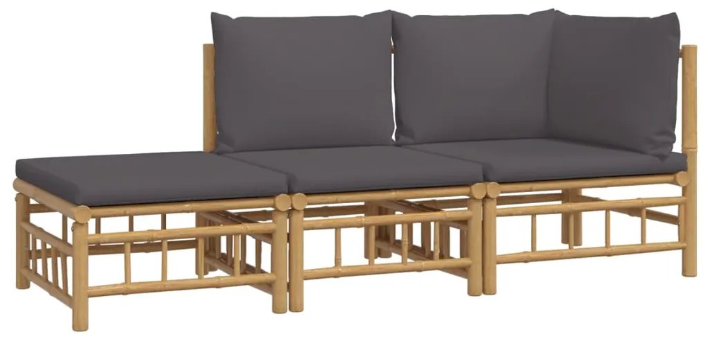 Set salotto da giardino 3pz con cuscini grigio scuro bambù