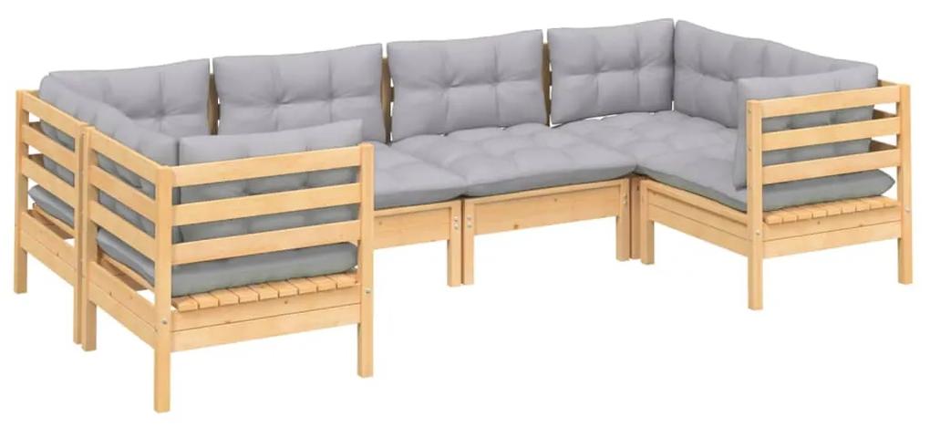 Set divani da giardino 6 pz con cuscini grigi massello di pino