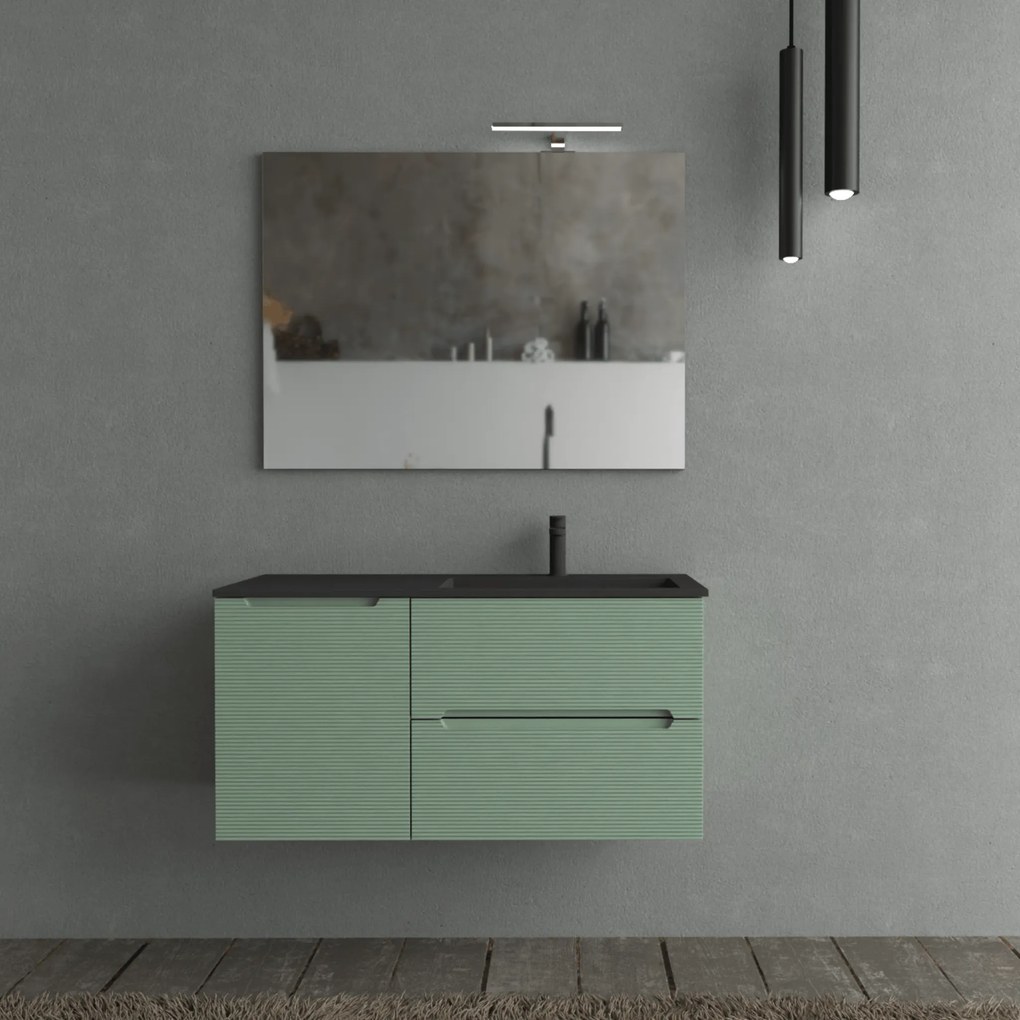 Mobile Bagno Sospeso Cannettato 100 Cm Due Cassetti Un'Anta Lavabo a Dx Specchio Con Lampada Led 70x100 Cm AdattoCasa "Rigo" Verde Salvia/Nero Opaco