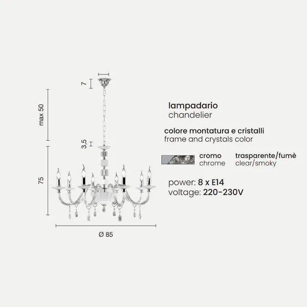 Lampadario sospeso LIVIA D85 cm in vetro e cristallo Fumč 8 luci
