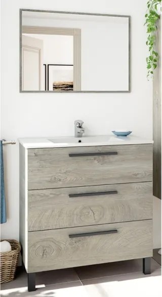 Mobile Bagno 80 Cm 3 Cassetti Con Lavabo E Specchio Athena Rovere Alaska