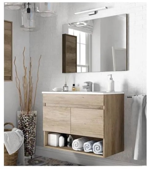 Mobile bagno sospeso 80 cm con lavabo e specchio rovere - Dakota 96250