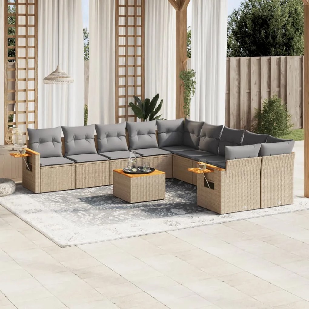 Set divani da giardino 11 pz con cuscini beige in polyrattan