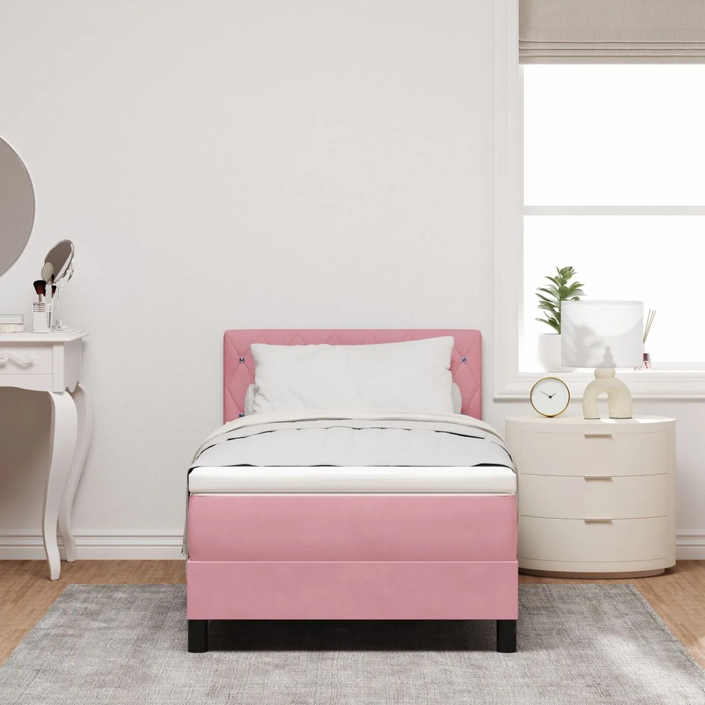 Letto con box spring e materasso rosa 90x200 cm velluto