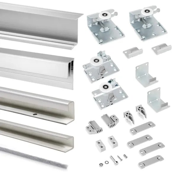 Sistema scorrevole per armadio 2 ante di spessore 16 mm, antideragliamento e con profili in alluminio cromato (pannelli non incl