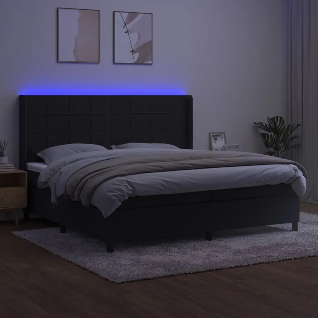 Letto a molle con materasso e led nero 200x200 cm in velluto