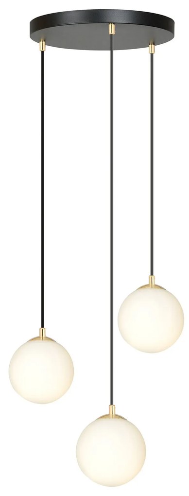 Sospensione Contemporanea Royal 3 Luci In Acciaio Nero/Oro Sfere Vetro Bianco