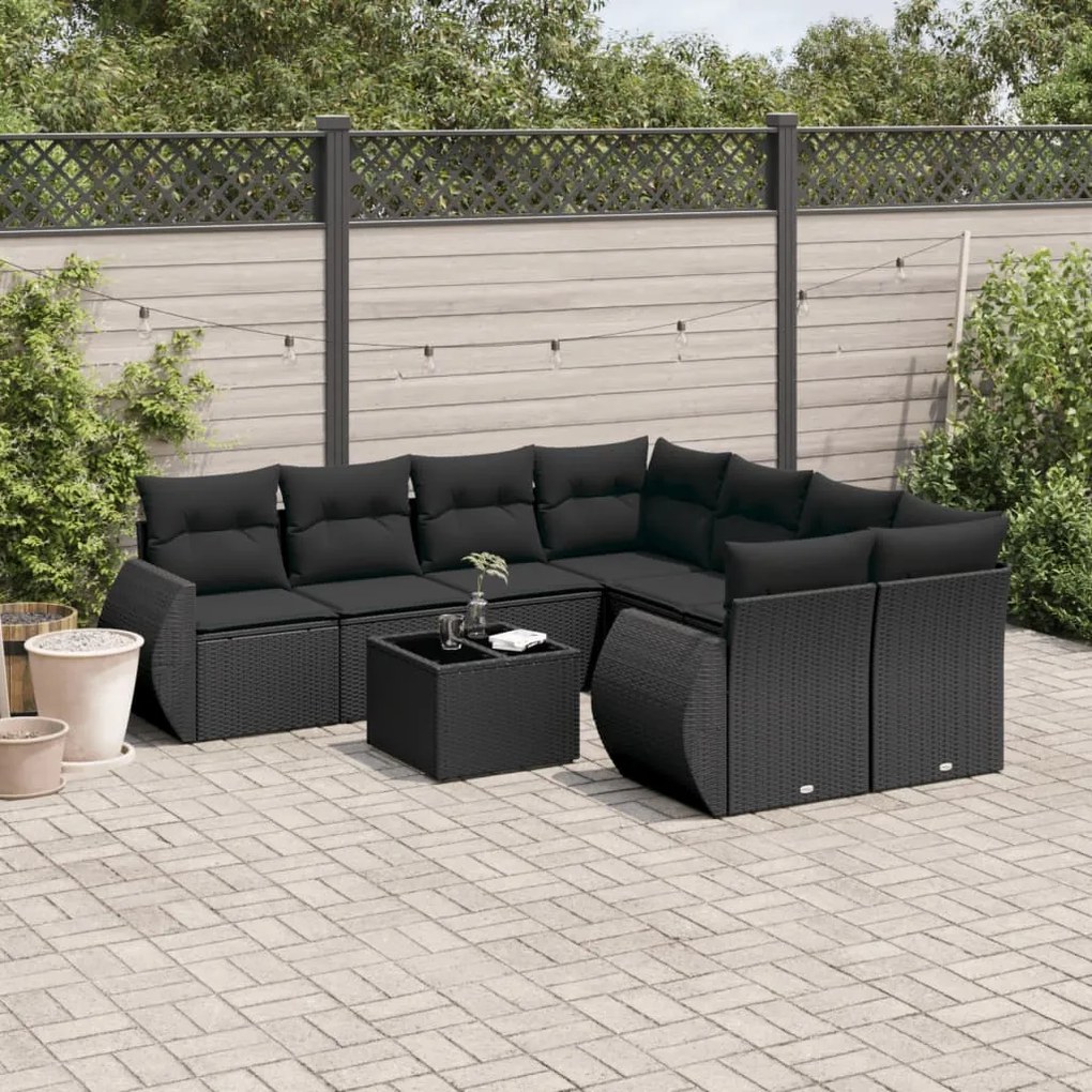 Set divani da giardino 9 pz con cuscini nero in polyrattan