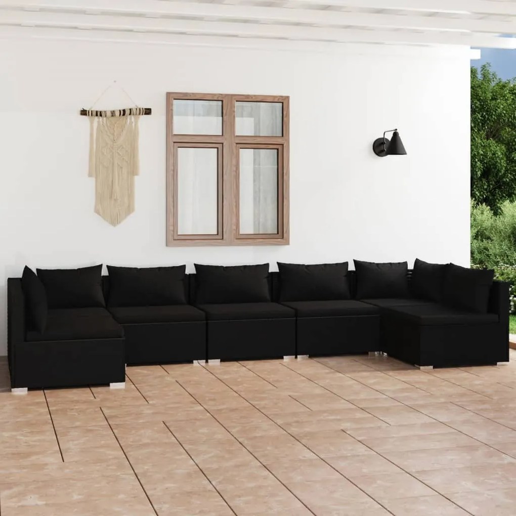 Set Divani da Giardino 7 pz con Cuscini in Polyrattan Nero