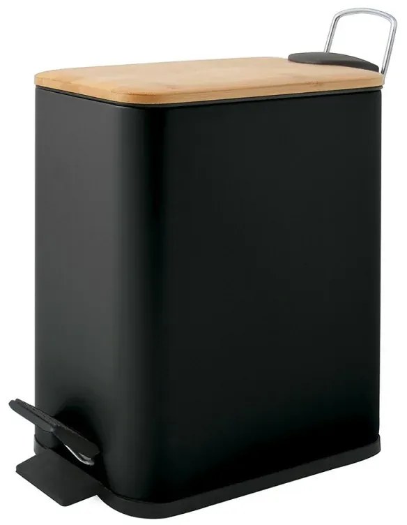 Pattumiera bagno 5 Lt in acciaio con coperchio in bambù nera con apertura a pedale Rexa