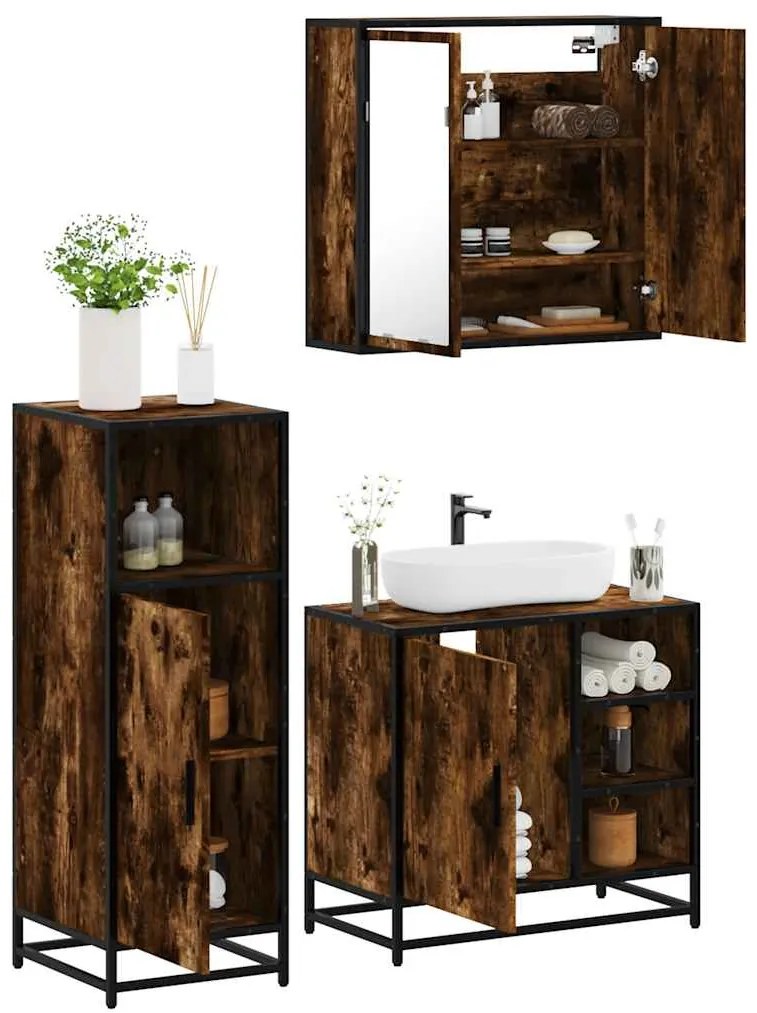 Set Mobili Da Bagno 3 Pz Rovere Fumo İn Legno Multistrato /
