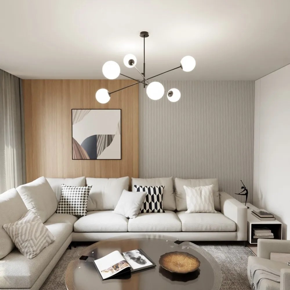 Lampadario da Soffitto in Acciaio e Vetro LINEAR 6 Nero 6xE14 Colore delle Sfere Bianco