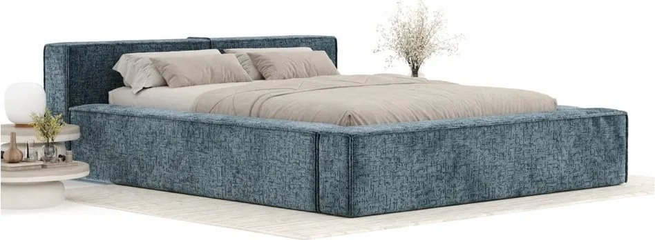 Letto matrimoniale imbottito blu polveroso con contenitore e rete inclusi 200x200 cm Voliera – Maison de Rêve