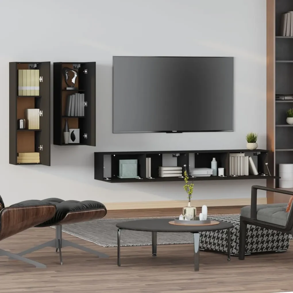 Set mobili porta tv 4 pz nero in legno multistrato