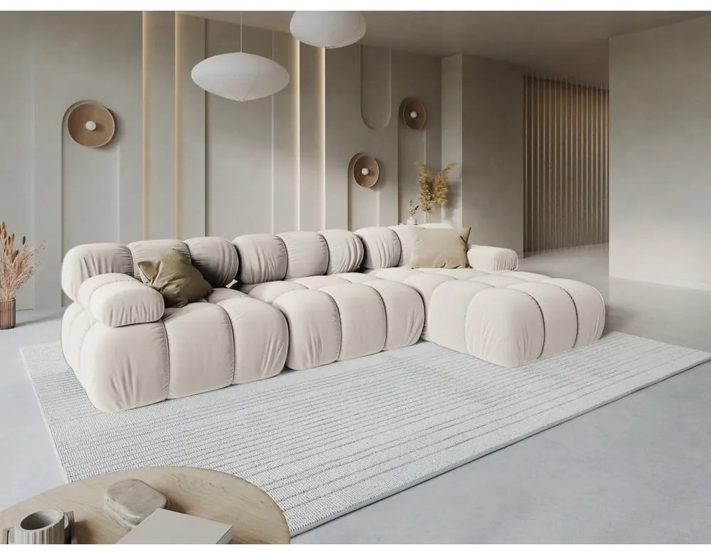 Divano angolare componibile beige (con penisola a destra) con rivestimento in velluto Bellis – Micadoni