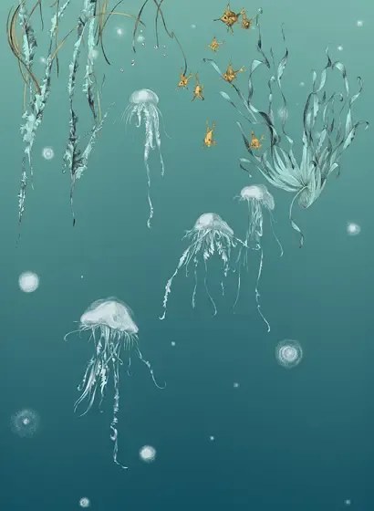 Edmond Petit Carta da parati Nautilus/ Méduses/ Nénuphars - Turquoise - Méduses gauche - Turquoise