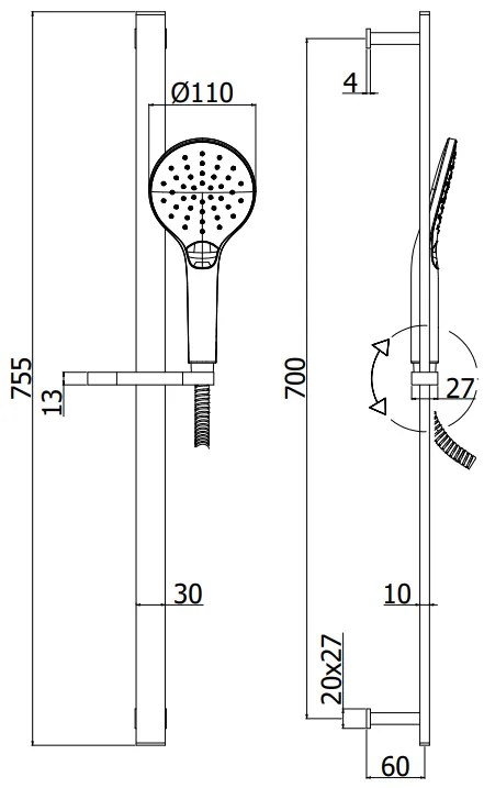 Paffoni City Zsal147 asta doccia quadra 75 cm con doccetta sofia Cromo