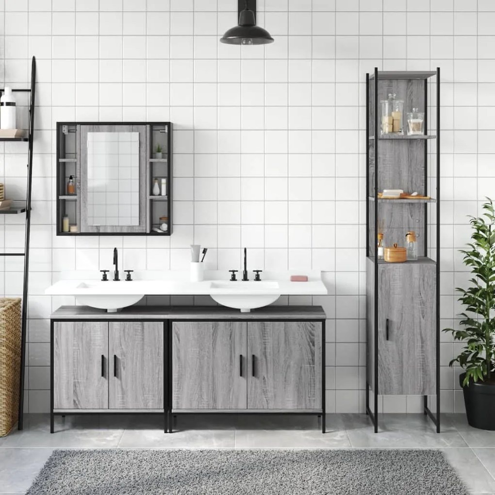 Set mobili da bagno 4 pz grigio sonoma in legno multistrato