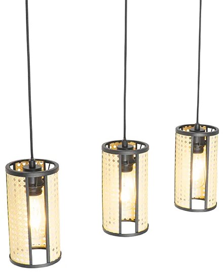 Lampada a sospensione orientale nera con rattan 3 luci oblunga - Akira